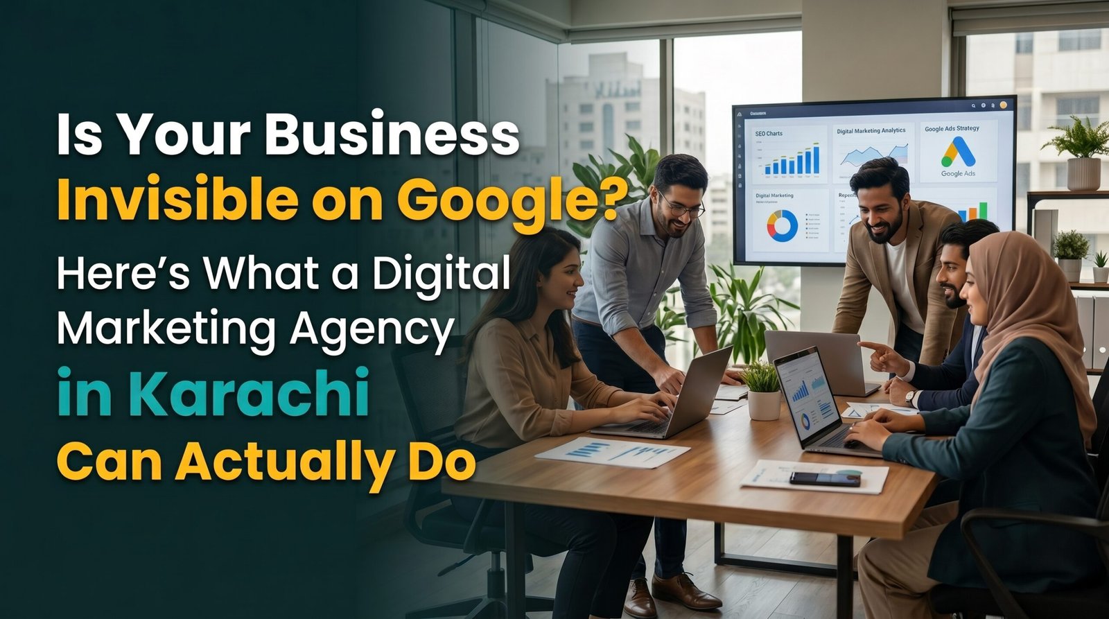 Professional digital marketing agency in Karachi team reviewing SEO and Google Ads strategy for a Pakistani business