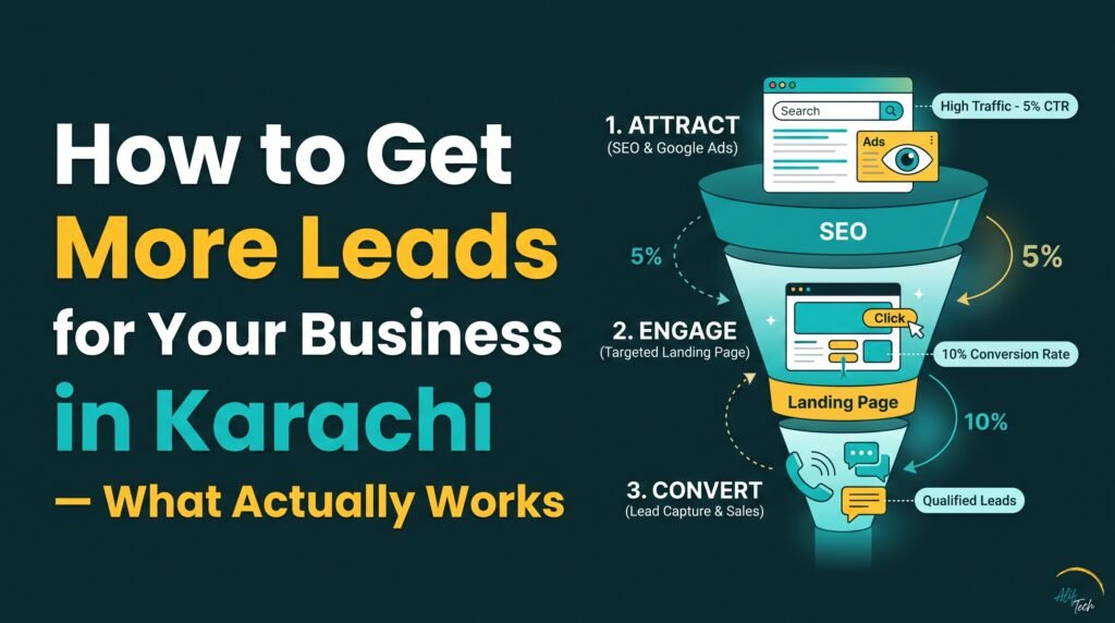 Lead generation strategy diagram for Karachi businesses showing SEO, Google Ads, and landing page conversion funnel