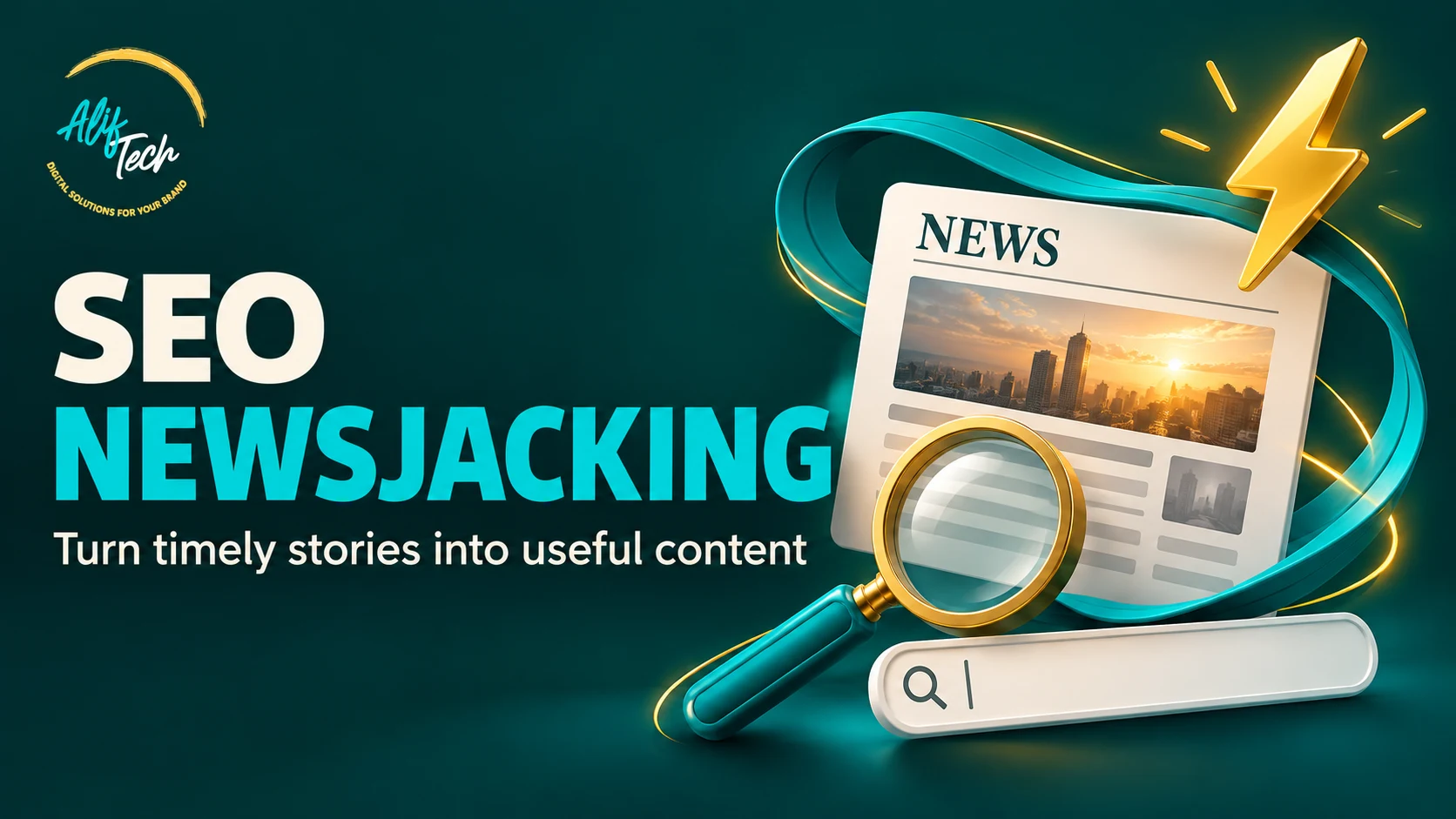 SEO newsjacking guide with a news card, search symbols and Aliftech branding